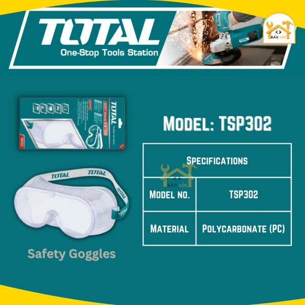 Kính bảo hộ , Kính nhựa dẻo chống bụi TOTAL TSP302, Khung PVC mềm nhẹ, tròng PC cường lực, chống bụi hiệu quả - Hàng chí
