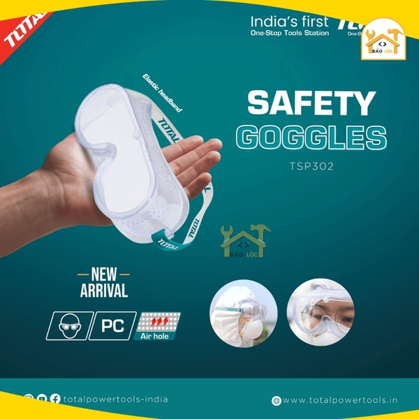 Kính bảo hộ , Kính nhựa dẻo chống bụi TOTAL TSP302, Khung PVC mềm nhẹ, tròng PC cường lực, chống bụi hiệu quả - Hàng chí