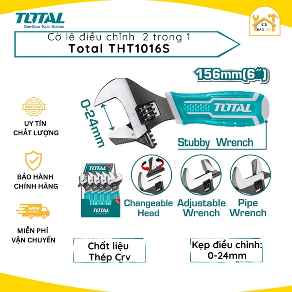 Cờ lê điều chỉnh 2IN1 TOTAL THT1016S size 156mm có thể thay đổi mỏ lết và mỏ lết răng, thép CR-V