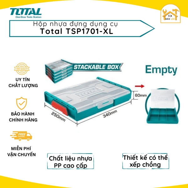 Hộp nhựa đựng dụng cụ TOTAL THKTV02 Hộp đồ nghề kích thước 340*250*60mm, nhựa PP bền bỉ, có thể chồng lên nhau