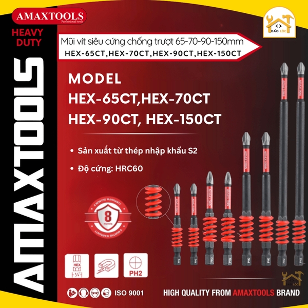 Mũi Bắt Vít Amaxtools Chống Trượt 65-70-90-150mm, Thép S2 siêu cứng - Hàng chính hãng.