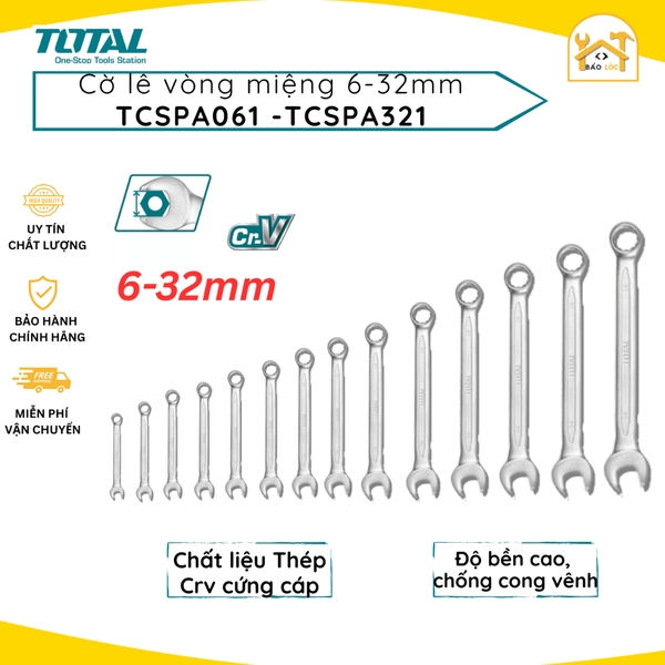 Cờ lê vòng miệng 6-32mm TOTAL TCSPA061-TCSPA321, chất liệu Thép CrV cứng cáp, chống cong vênh, đồ bền cao