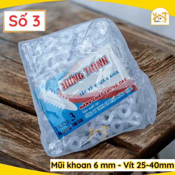 Combo Bịch, Bộ 100,200 tắc kê nhựa nở 6 khía cao cấp đóng tường HƯNG THỊNH 2F,3F,4F,5F,6F,7F,8F ( Nhiều kích thước ).