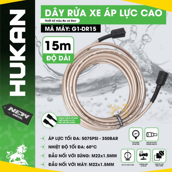 Dụng cụ xịt rửa xe, Dây rửa xe áp lực cao 15m (GEN 1) HUKAN G1-DR15,G1-DR20,G1-SXR1025 - Hàng chính hãng.