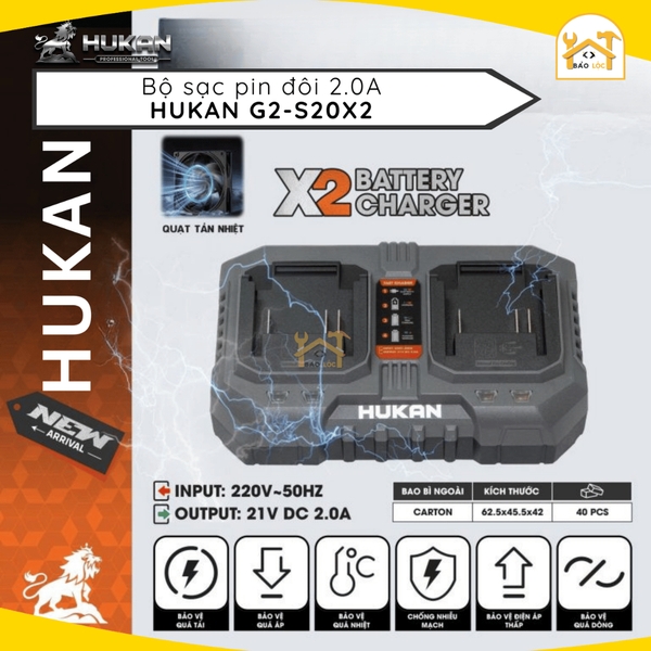 Sạc đôi HUKAN G2-S20X2, Công suất 2A, Bảo vệ dòng, Có quạt tản nhiệt - Dùng cho pin chân phổ thông