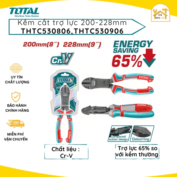 Kìm cắt trợ lực Total THTC530806 THTC530906 Tiết kiệm 65% sức, kích thước 200mm - 228mm, kìm cắt dây điện - Hàng chính h