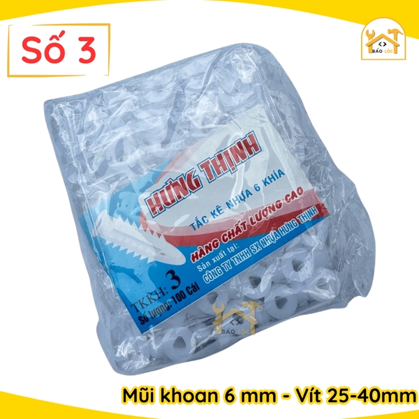 Combo Bịch, Bộ 100,200 tắc kê nhựa nở 6 khía cao cấp đóng tường HƯNG THỊNH 2F,3F,4F,5F,6F,7F,8F ( Nhiều kích thước ).