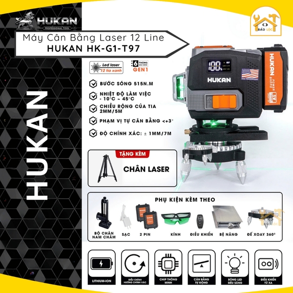 Máy Cân Bằng Laser 12 Line HUKAN HK-G1-T97| Kèm Chân Cao Cấp, máy cân bằng laze đo 50m lắp đặt, thiết kế nội thất