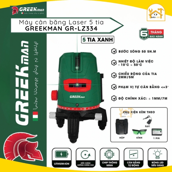 Máy cân bằng laser GREEK MAN GR-LZ334, 5 tia xanh bóng LED siêu sáng, Cân bằng tự động