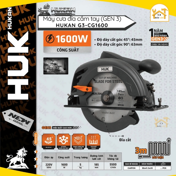 Máy cưa đĩa cầm tay HUKAN G3-CG1600, Công suất 1600w Lưỡi 185mm Tốc độ 5500v/p.