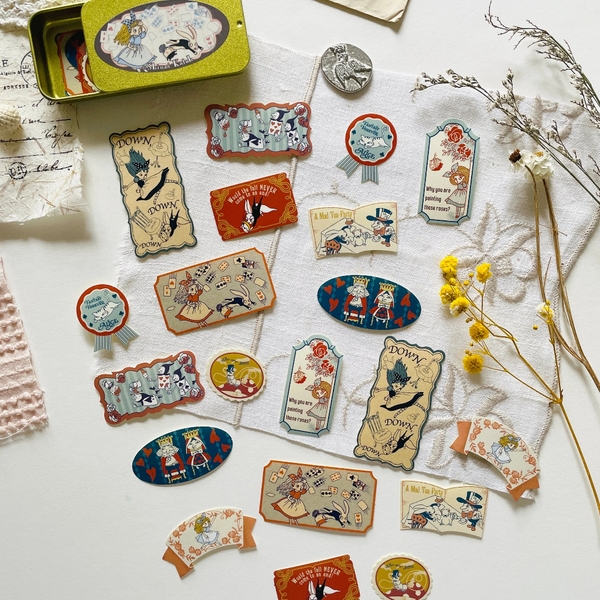 Các mẫu flake sticker hộp thiếc Alice in Wonderland by Shinzi Katoh