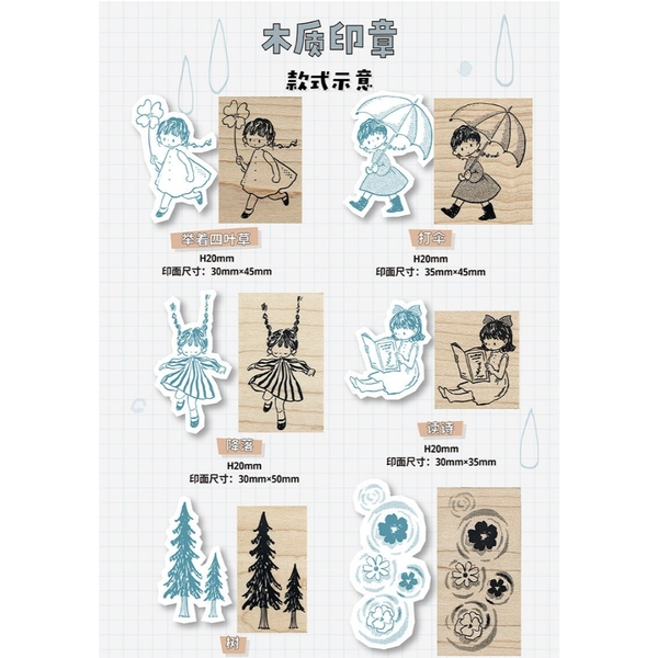 Các mẫu stamp gỗ cô gái chủ đề Rainy Day hãng Molinta