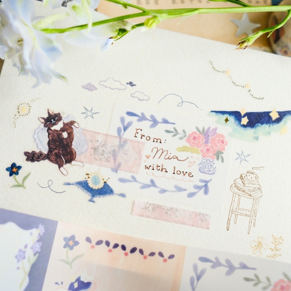 Giấy note cuộn chất Tracing (giấy can) - bế sẵn Cat and Stars Ver A và B | original by teayoushop