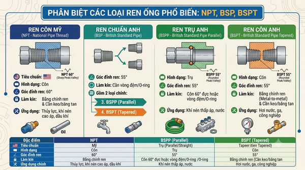 Ren NPT, BSP, BSPT: Phân Biệt Các Loại Ren Ống Phổ Biến