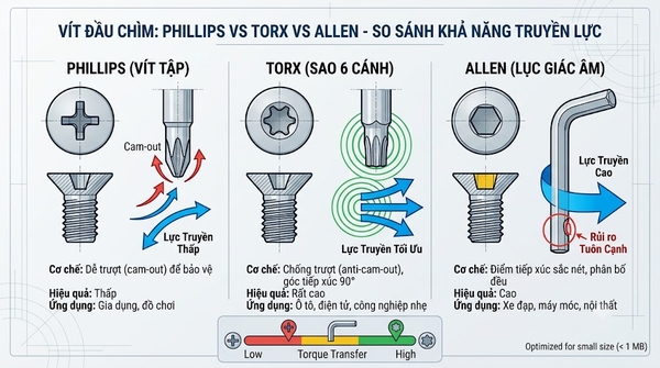 Vít Đầu Chìm Phillips vs Torx vs Allen: So Sánh Khả Năng Truyền Lực