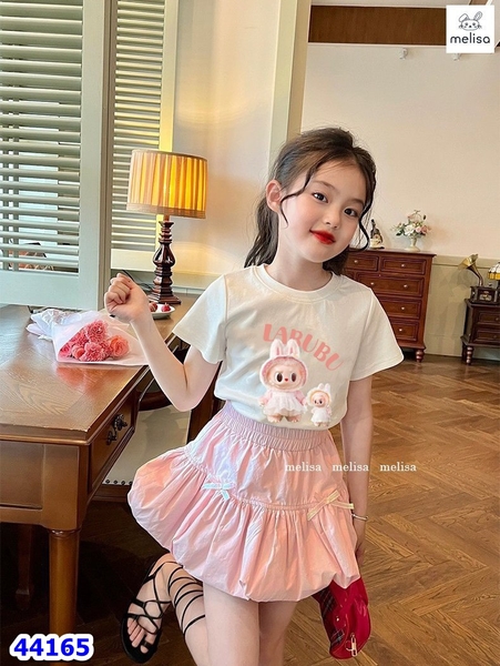 Set váy Melisa trắng Labubu, váy bí hồng - size 3-4y