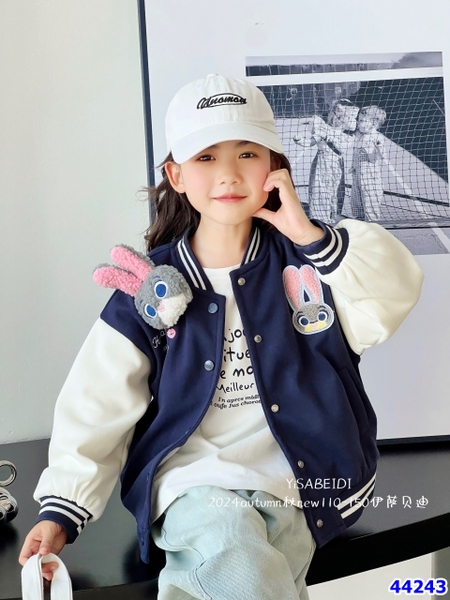 Bomber xanh dương phối tay trắng + thỏ hồng - size 120