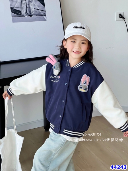 Bomber xanh dương phối tay trắng + thỏ hồng - size 120