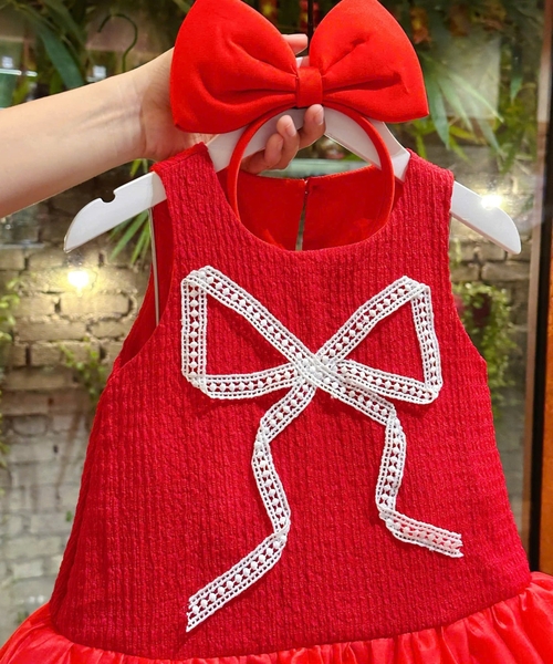 Đầm Sofia đỏ nơ trắng (Tặng cài tóc)