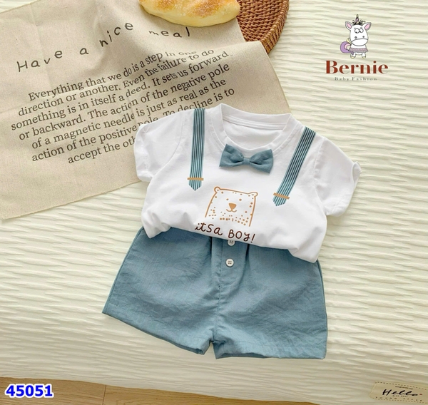 Bộ Bernie trắng nơ, quần xanh