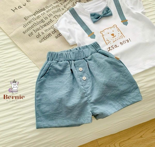 Bộ Bernie trắng nơ, quần xanh