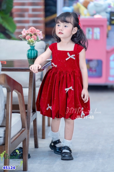 Đầm June đỏ nhung nơ trắng