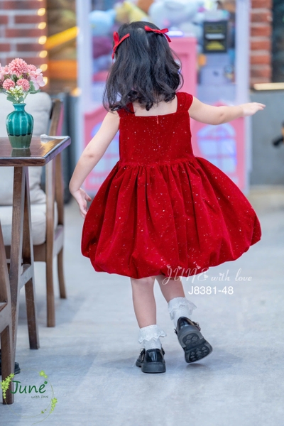Đầm June đỏ nhung nơ trắng