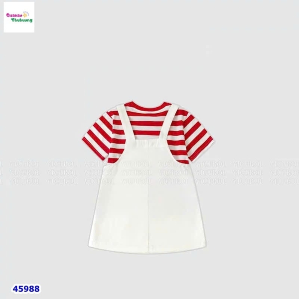 Set đầm yếm trắng, áo sọc đỏ Kitty