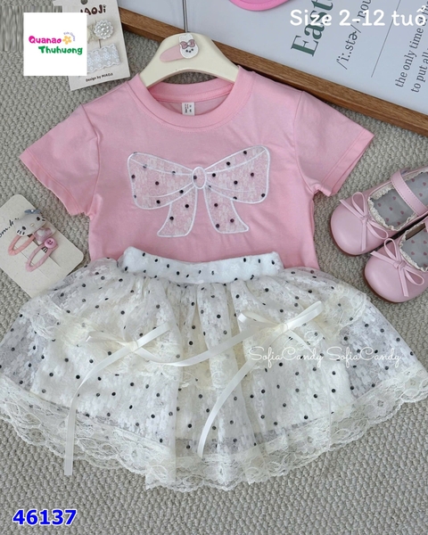 Set MiaKid hồng nơ, chân váy chấm bi