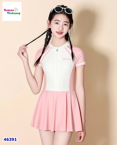 Set váy bơi màu kem tay hồng