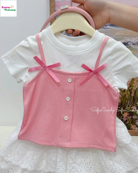 Set váy MiaKid hồng đính nơ, váy trắng