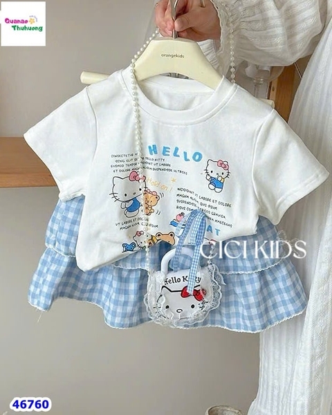 Set Cici trắng Kitty, chân váy xanh