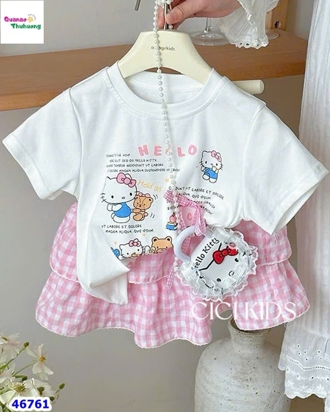 Set Cici trắng Kitty, chân váy hồng