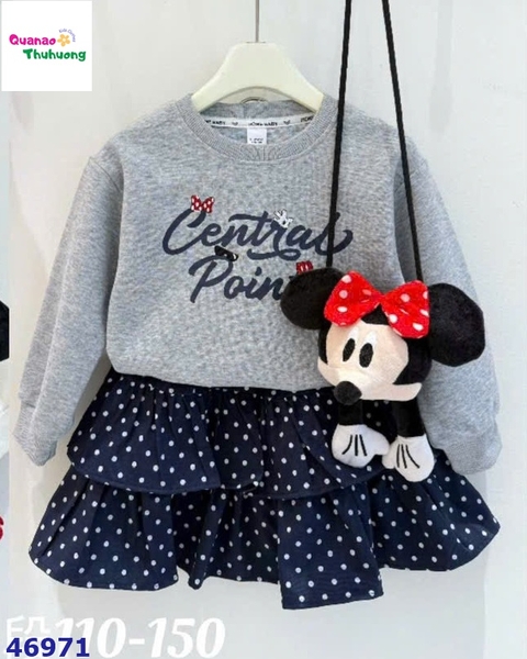 Set áo hoodie xám, cv xanh chấm bi (tặng Mickey)