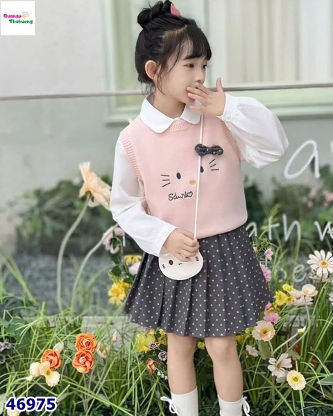 Set 3: sơ mi, chân váy xám, gile hồng Kitty (tặng túi đeo)