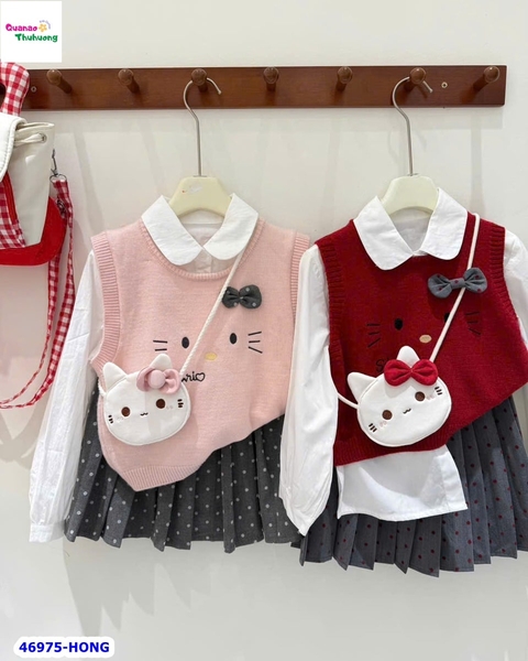 Set 3: sơ mi, chân váy xám, gile hồng Kitty (tặng túi đeo)