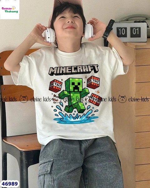 Set Elaine trắng Minecraft xanh, quần jean xám