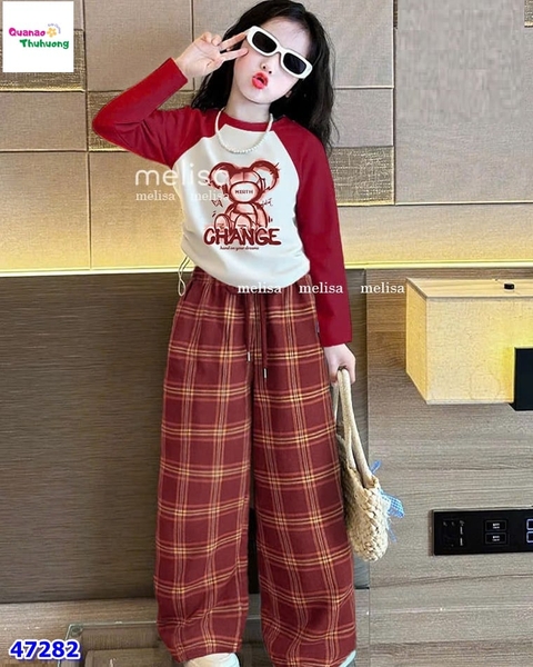 Set MLS đỏ in gấu, quần caro đỏ