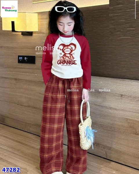 Set MLS đỏ in gấu, quần caro đỏ