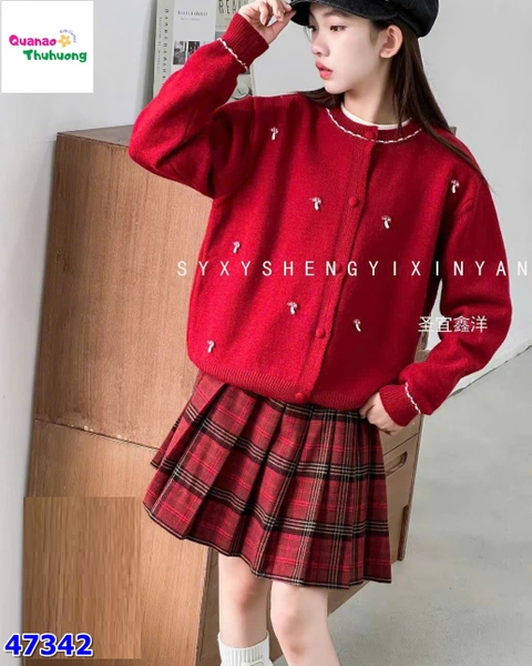 Set 3 món Áo len đỏ nấm + chân váy caro đỏ