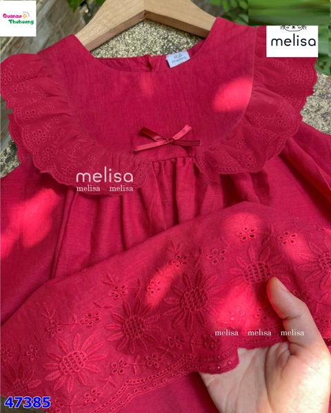 Đầm MLS đỏ viền ren đính nơ