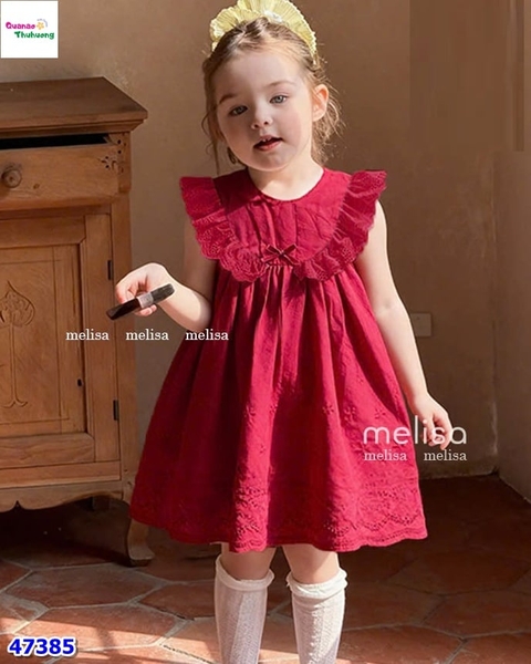 Đầm MLS đỏ viền ren đính nơ