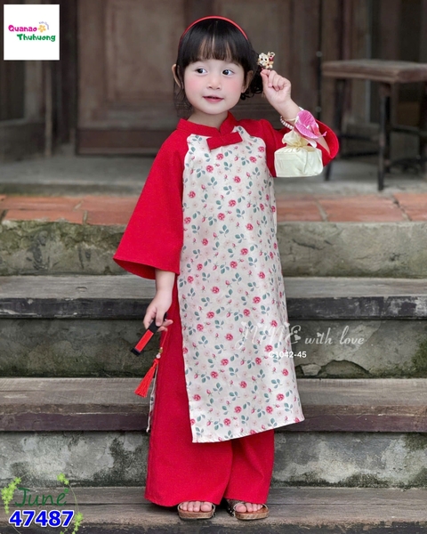 Áo dài Tết June đỏ hoa nhí
