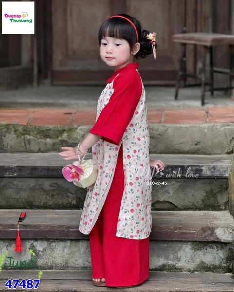 Áo dài Tết June đỏ hoa nhí