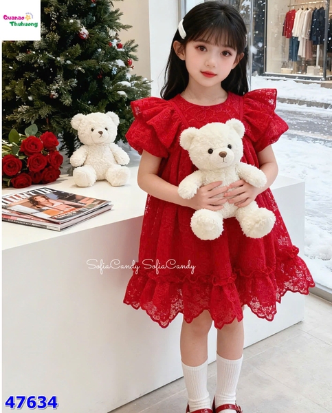 Đầm MiaKid đỏ ren in nơ