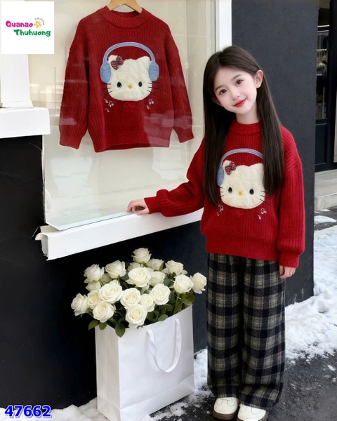 Áo len đỏ Kitty đeo tai nghe