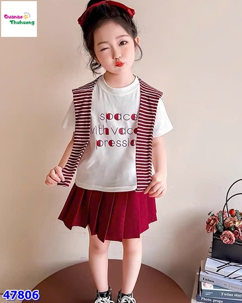 Set 3 món áo trắng, chân váy đỏ