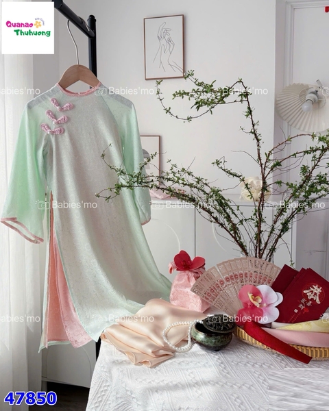 Áo dài Tết Babies Mo xanh ngọc lam