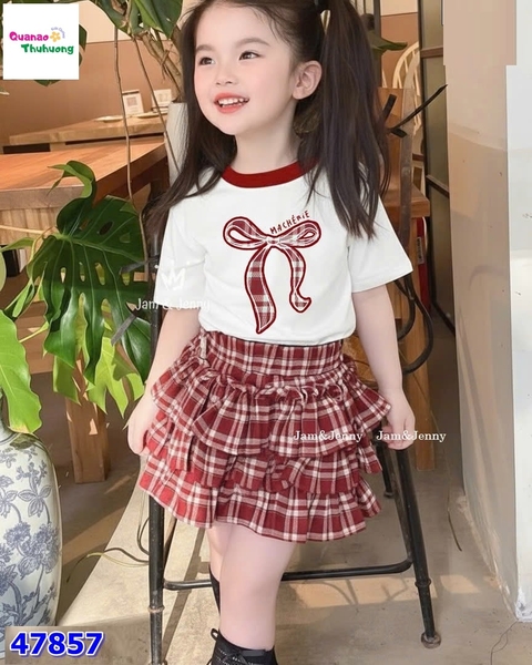 Set váy J&J trắng nơ caro