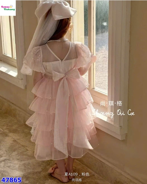 Đầm tiệc hồng tầng đính nơ